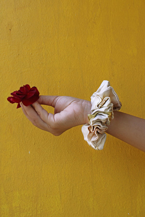 Bageeya Handwoven Mashru Eco-Printed Scrunchie | Crafted with Sacred temple flowers and Ayurvedic herbs