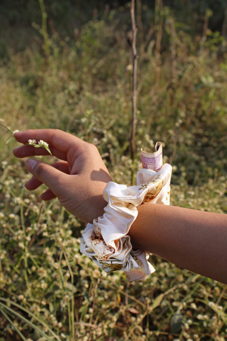 Bageeya Handwoven Mashru Eco-Printed Scrunchie | Crafted with Sacred temple flowers and Ayurvedic herbs