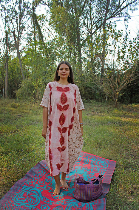 Bageeya "Baag Bahar" Handwoven Khadi Organic cotton Cowl Dress | Crafted with Sacred Temple Marigolds, Beel patra infused with manjishta| Detailed with French Knots and Rudraksh