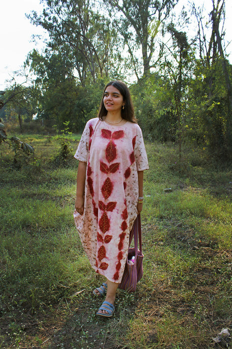 Bageeya "Baag Bahar" Handwoven Khadi Organic cotton Cowl Dress | Crafted with Sacred Temple Marigolds, Beel patra infused with manjishta| Detailed with French Knots and Rudraksh