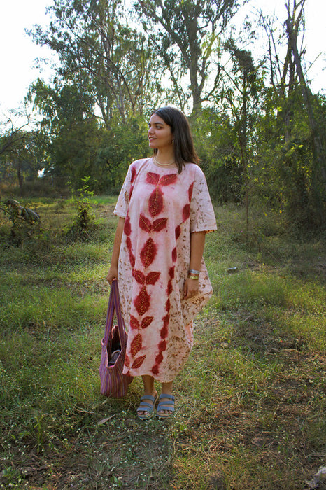 Bageeya "Baag Bahar" Handwoven Khadi Organic cotton Cowl Dress | Crafted with Sacred Temple Marigolds, Beel patra infused with manjishta| Detailed with French Knots and Rudraksh