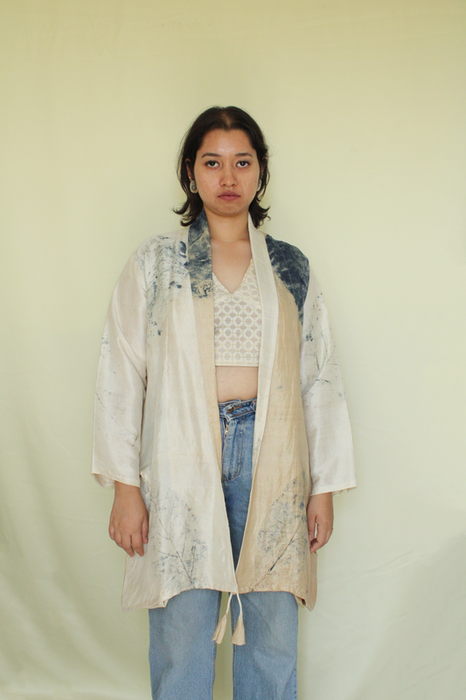 Bageeya "Neelamber" Handwoven Silk jacket | Crafted with Sacred Temple Roses and ayurvedic herbs| Detailed with Tassals