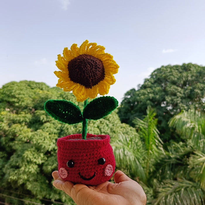 Cheerful Crochet Sunflower In Smiling Red Pot