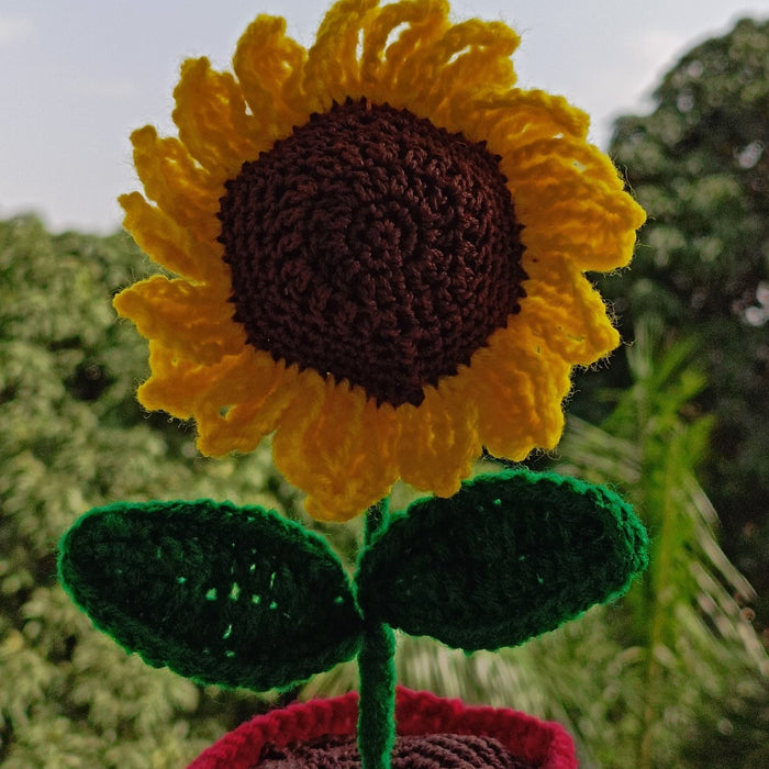 Cheerful Crochet Sunflower In Smiling Red Pot