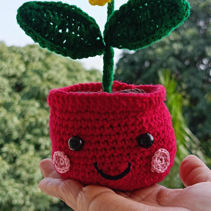 Cheerful Crochet Sunflower In Smiling Red Pot