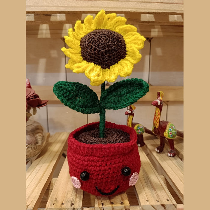 Cheerful Crochet Sunflower In Smiling Red Pot