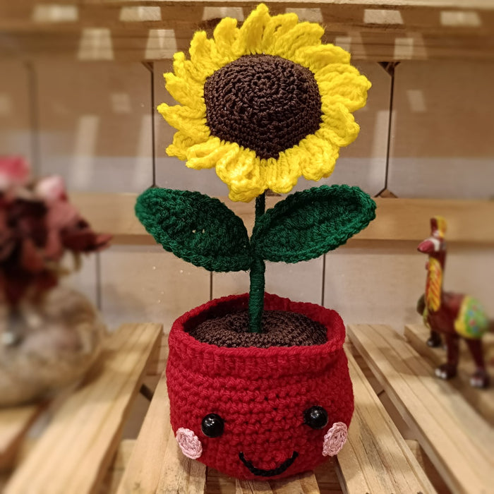 Cheerful Crochet Sunflower In Smiling Red Pot