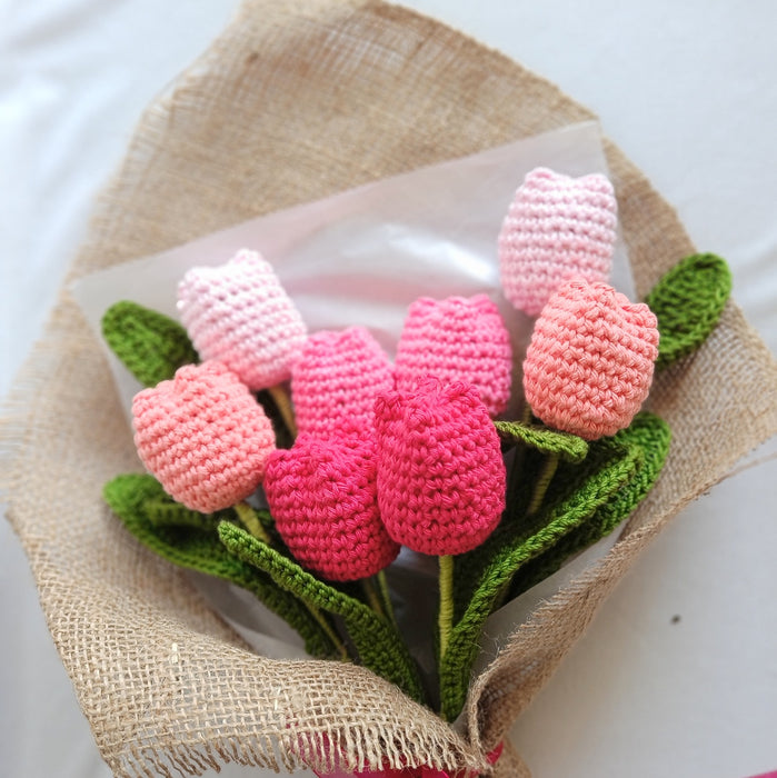 Handmade Crochet Tulip Artificial Flower Bouquet (8 Flowers Bouquet)