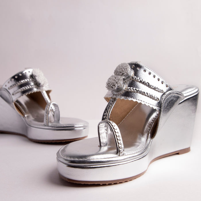 Metallic Silver Tasseled Kolhapuri Wedge