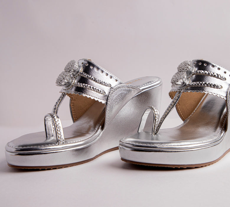 Metallic Silver Tasseled Kolhapuri Wedge