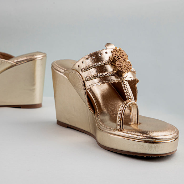 Metallic Gold Pom Pom Kolhapuri Wedge