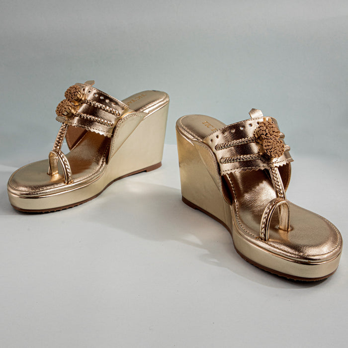 Metallic Gold Pom Pom Kolhapuri Wedge