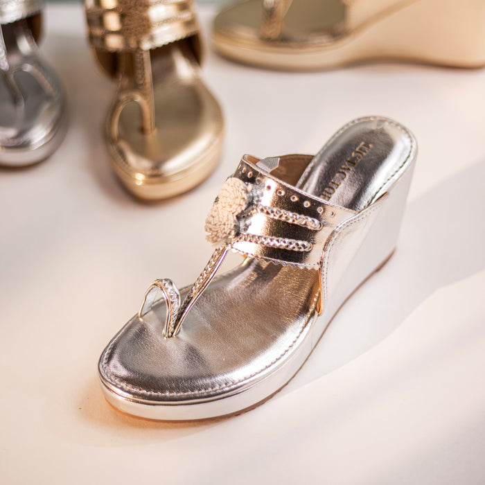 Metallic Silver Tasseled Kolhapuri Wedge