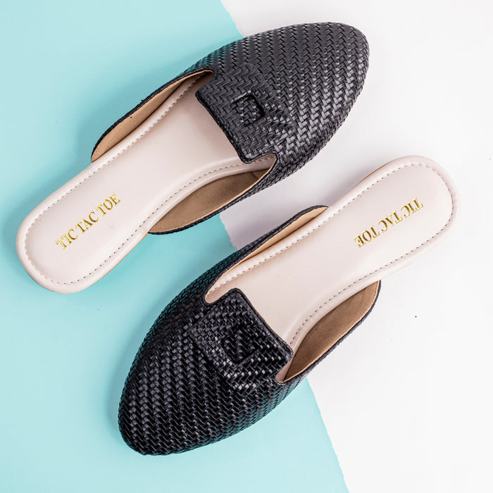 Black Weave Mule Flats