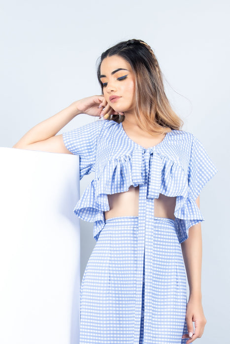 CORNFLOWER BLUE CHESS RUFFLE HEM TOP