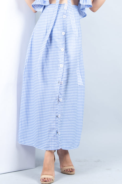 CORNFLOWER BLUE CHESS BUTTONED SKIRT