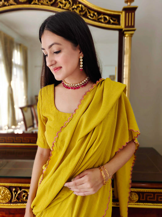 Mustard Macaron Jute Cotton Saree