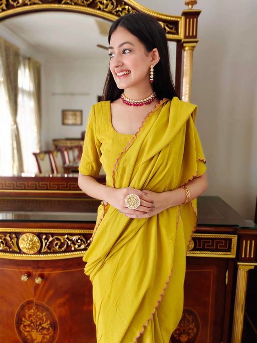 Mustard Macaron Jute Cotton Saree