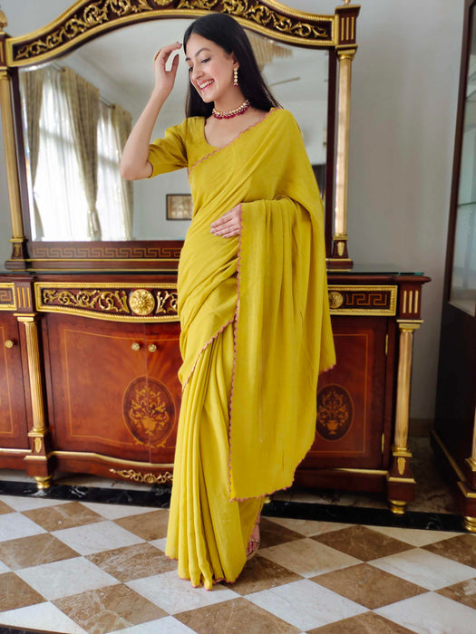 Mustard Macaron Jute Cotton Saree