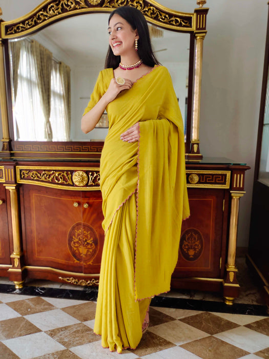 Mustard Macaron Jute Cotton Saree