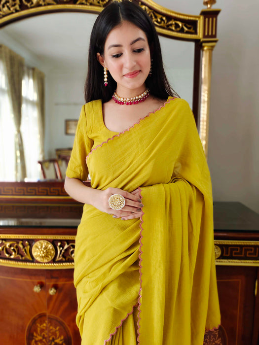 Mustard Macaron Jute Cotton Saree