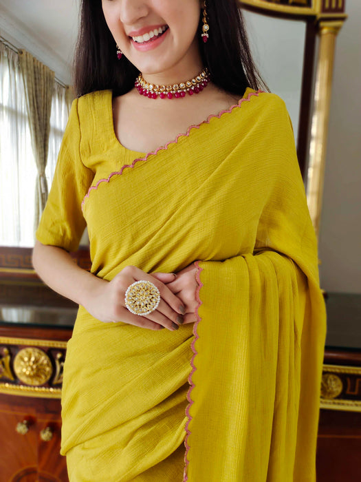 Mustard Macaron Jute Cotton Saree