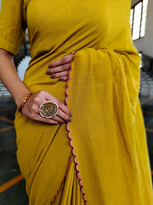 Mustard Macaron Jute Cotton Saree