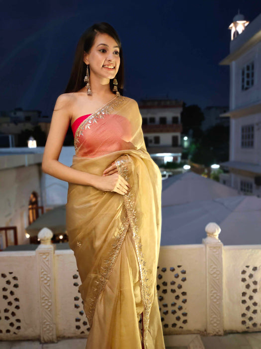 Imperial Topaz Gota Work Silk Saree