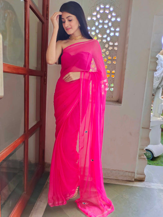 Rebellious Rose (Rani Handwork Chiffon Saree)