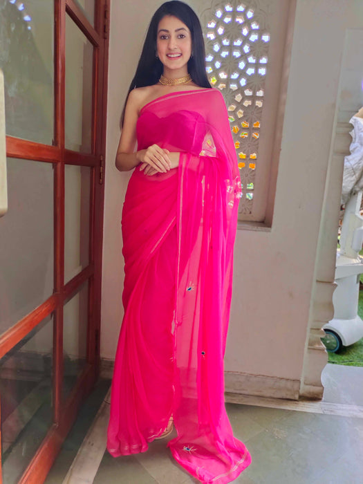 Rebellious Rose (Rani Handwork Chiffon Saree)