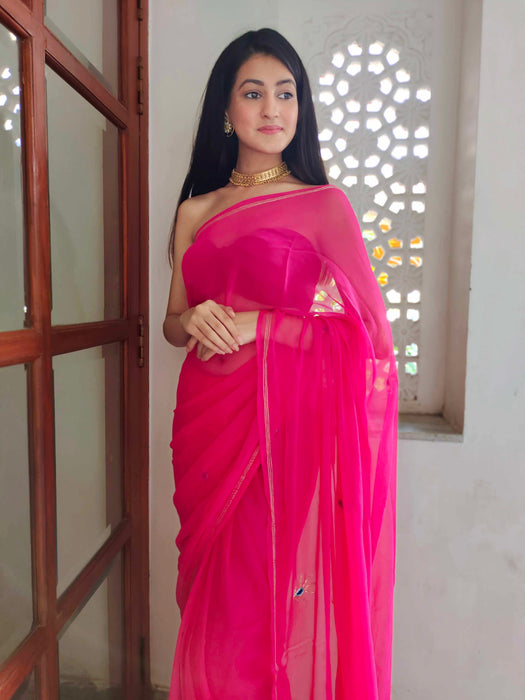 Rebellious Rose (Rani Handwork Chiffon Saree)