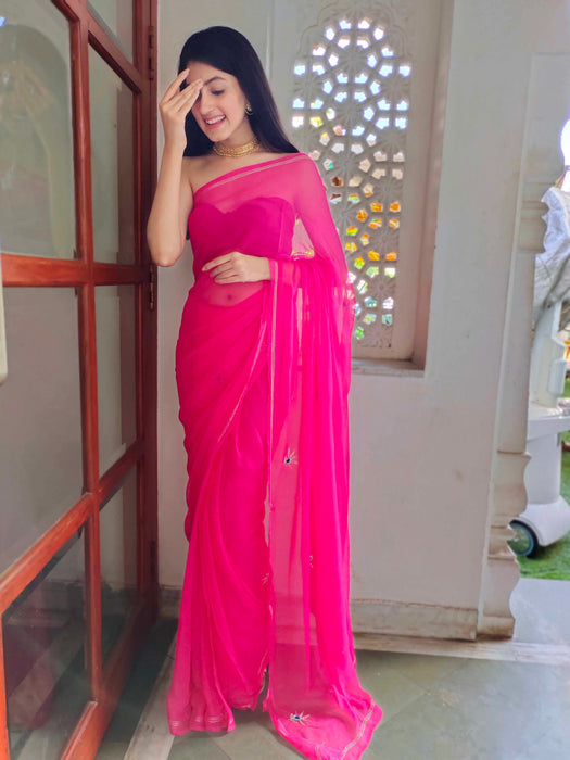 Rebellious Rose (Rani Handwork Chiffon Saree)