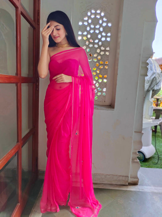 Rebellious Rose (Rani Handwork Chiffon Saree)