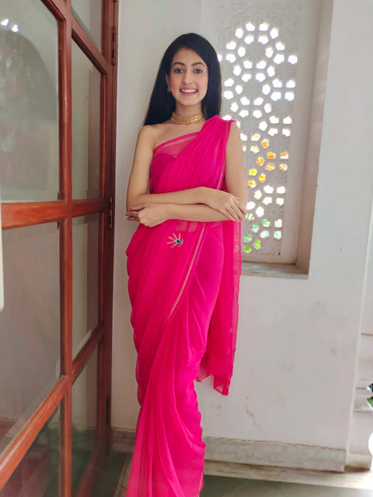 Rebellious Rose (Rani Handwork Chiffon Saree)