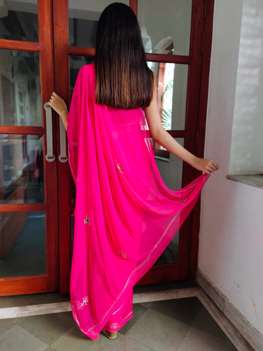 Rebellious Rose (Rani Handwork Chiffon Saree)