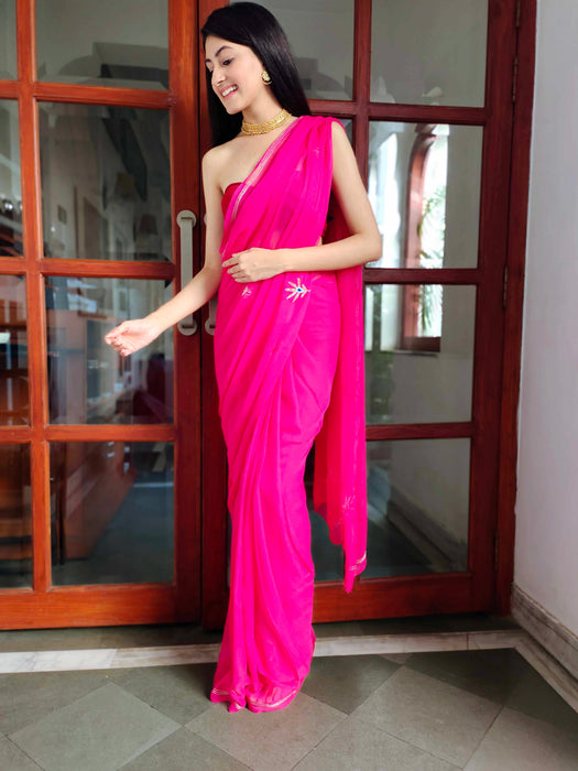 Rebellious Rose (Rani Handwork Chiffon Saree)