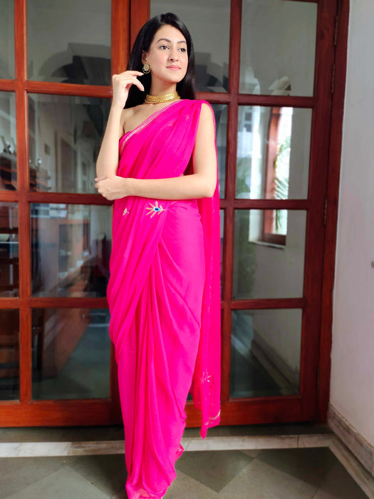 Rebellious Rose (Rani Handwork Chiffon Saree)