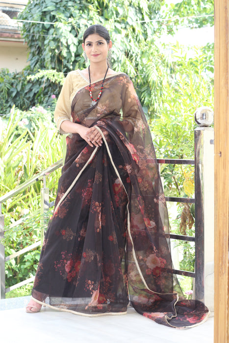 Dreamy Pop (Printed Black Organza Lace Border Saree)