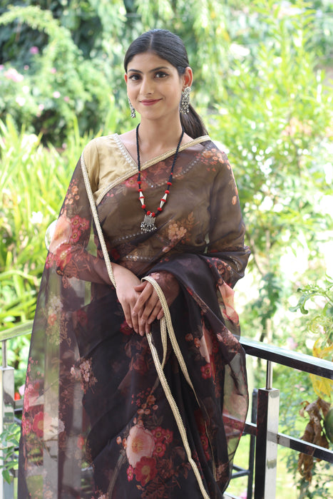 Dreamy Pop (Printed Black Organza Lace Border Saree)