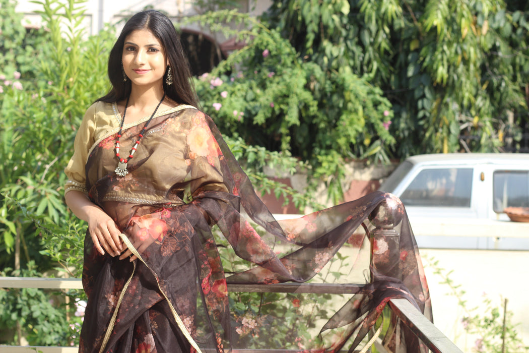 Dreamy Pop (Printed Black Organza Lace Border Saree)