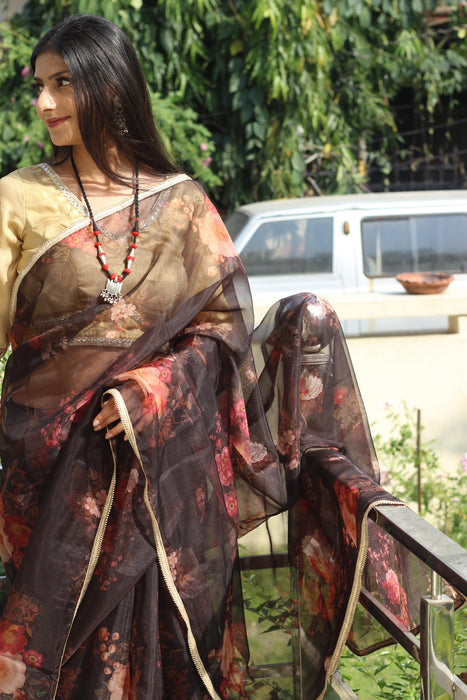 Dreamy Pop (Printed Black Organza Lace Border Saree)