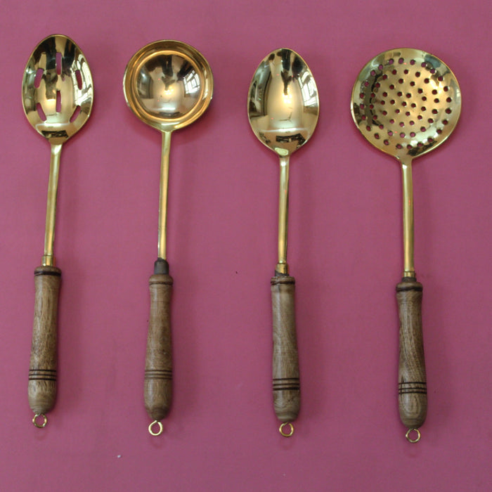 Set of 4 Brass Ladles with Wooden Handles