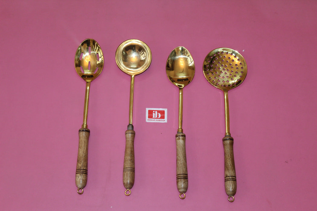 Set of 4 Brass Ladles with Wooden Handles