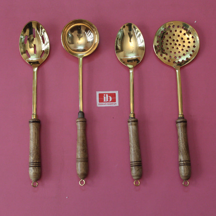 Set of 4 Brass Ladles with Wooden Handles