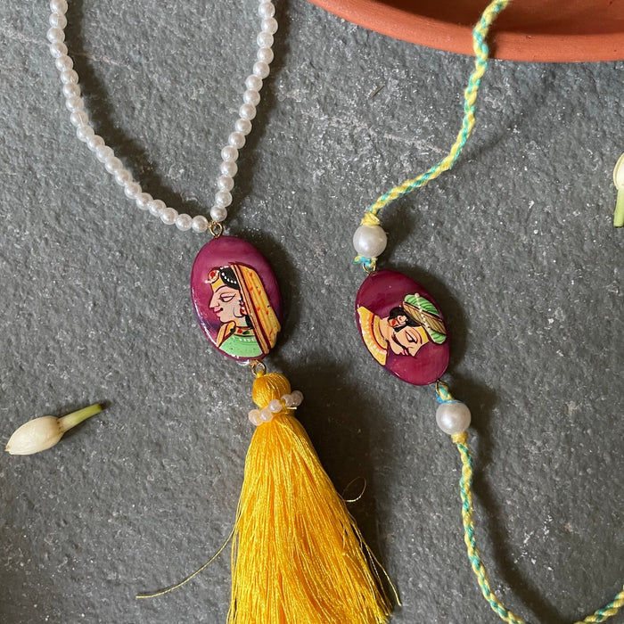 Handpainted Rakhi & Lumba Set - Yellow and Magenta