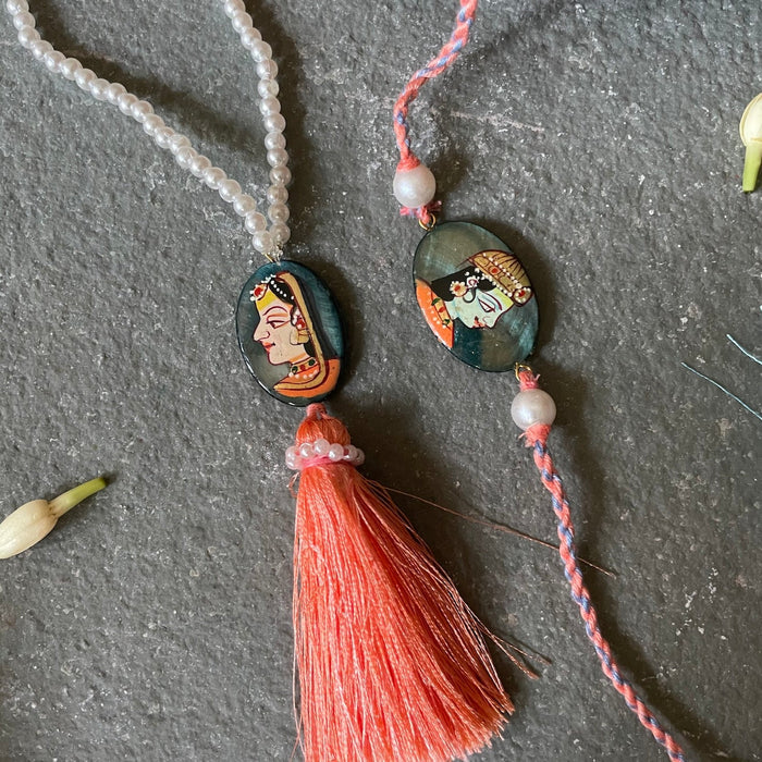 Handpainted Rakhi & Lumba Set - Peach & Grey