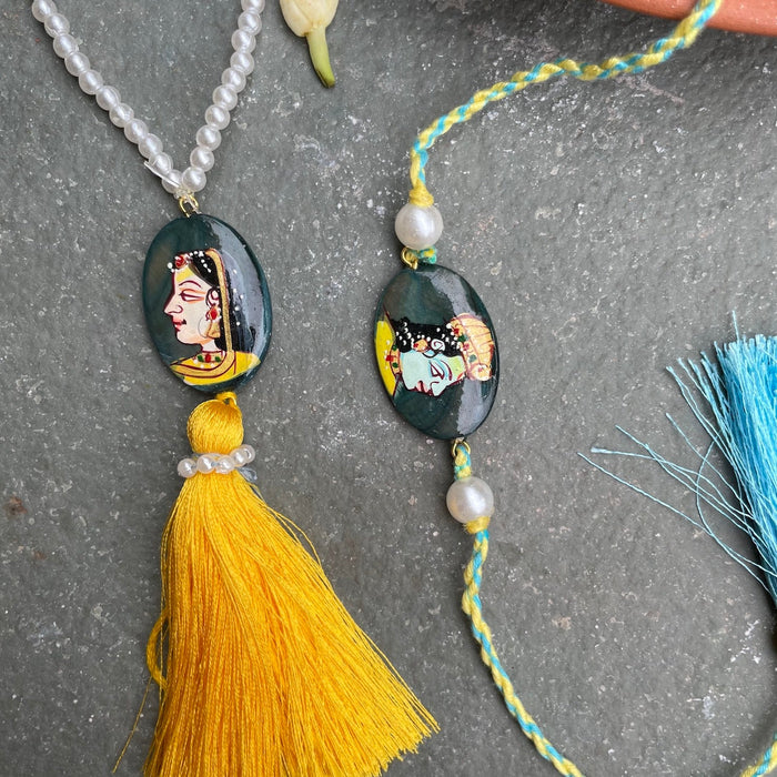 Handpainted Rakhi & Lumba Set - Yellow and Blue