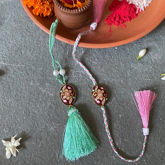 Tanjore Rakhi Lumba Set - Dark Brown and Pink