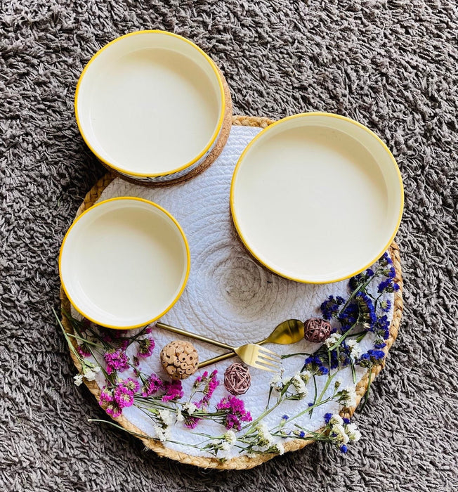 Yellow & Bleu Hand Painted Flat Bowl Set (Set Of 3)