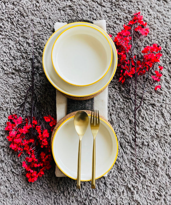 Yellow & Bleu Hand Painted Flat Bowl Set (Set Of 3)